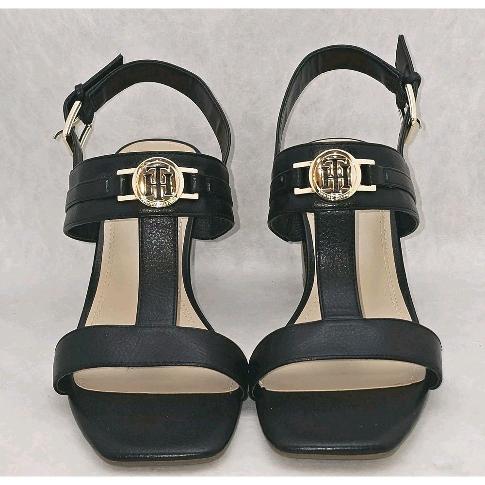 NWOT Tommy Hilfiger Garza Block Heel Black Faux Pebbled Leather Sandals  9½ M